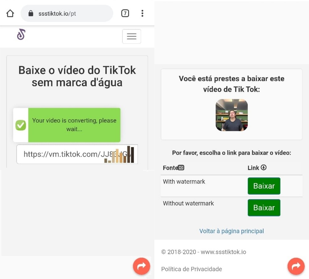 Toque em "Baixar" e espere pela conversão do link do TikTok — Foto: Reprodução/Clara Fabro