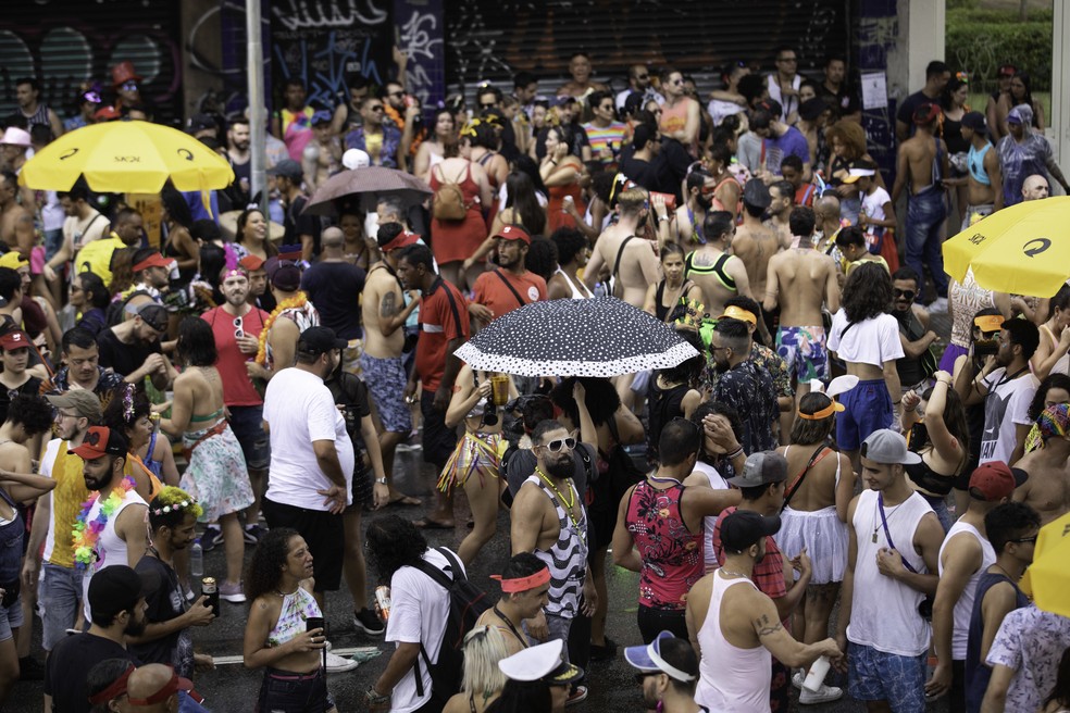 Foliões se divertem em meio à chuva que caiu em desfile do bloco Acadêmicos do Baixo Augusta, durante o pré-carnaval de São Paulo em 2020  — Foto: Bruno Rocha/Estadão Conteúdo
