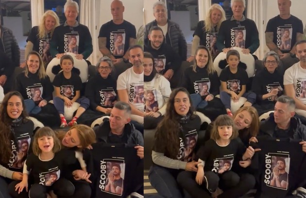 Cinthia Dicker, namorada de Pedro Scooby, está com os filhos dele em Cascais, em Portugal. Eles se reuniram com amigos e usaram camisetas com a foto do surfista (Foto: Reprodução)