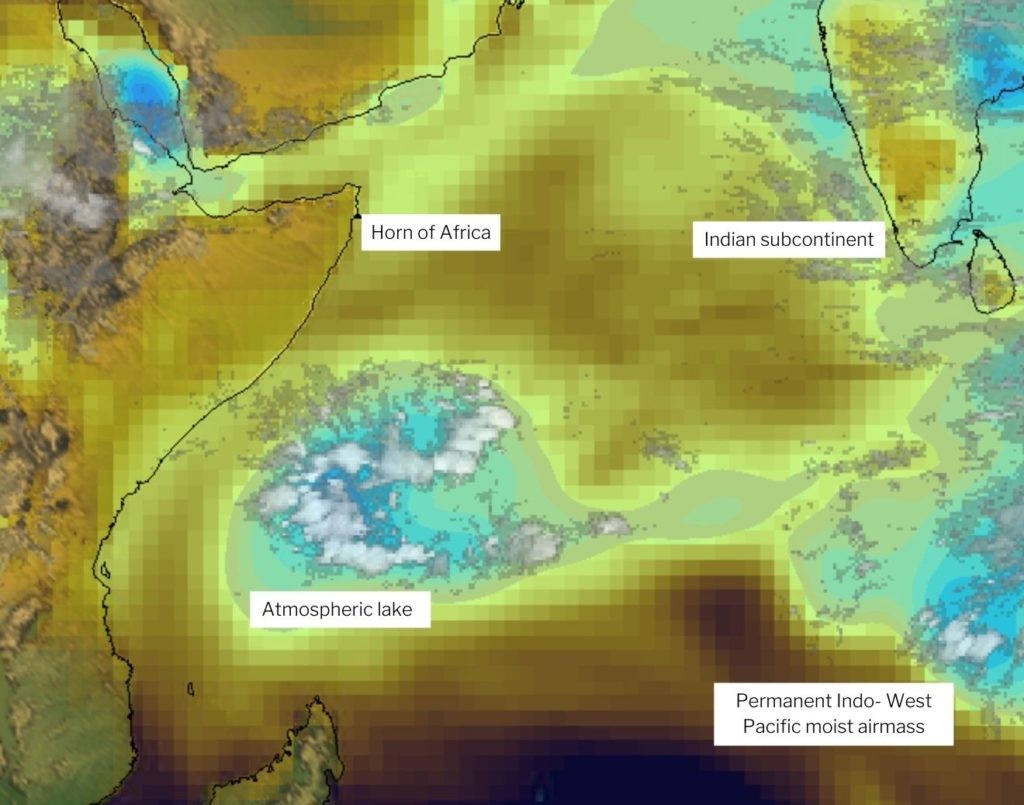 Lagos atmosféricos começam como filamentos de vapor d'água  (Foto: Brian Mapes / NOAA Conjunto de dados de reanálise ERA-provisório.)