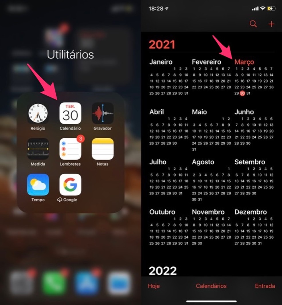 Ação para acessar um mês de eventos no calendários do iPhone — Foto: Reprodução/Marvin Costa