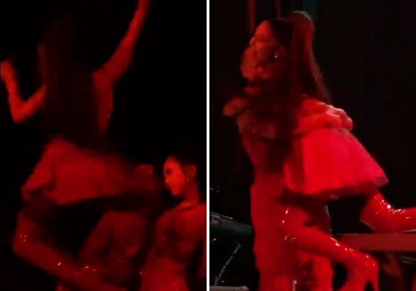 Ariana Grande caiu do palco durante show, mas foi resgatada por dançarino da sua equipe (Foto: Twitter)