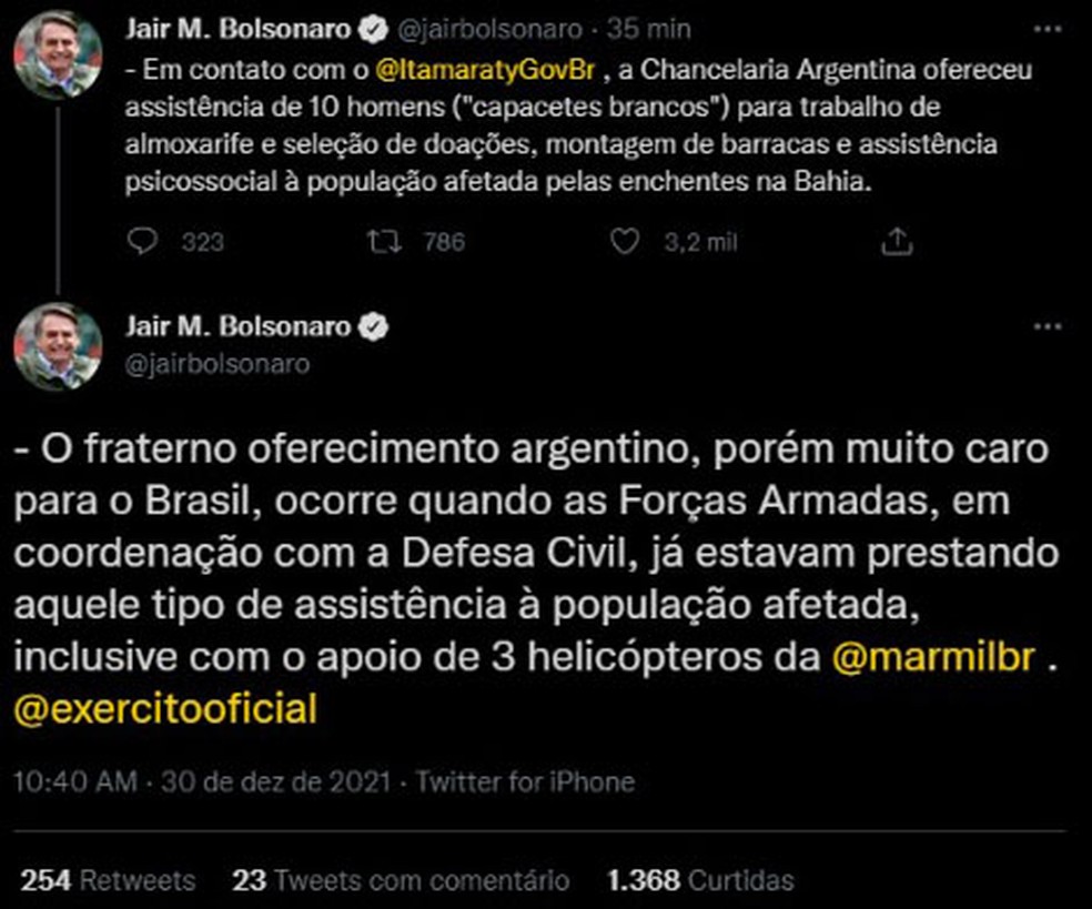 Bolsonaro diz que ajuda argentina para a Bahia não era 'necessária', mas não a descarta para o futuro — Foto: Reprodução/Redes Sociais