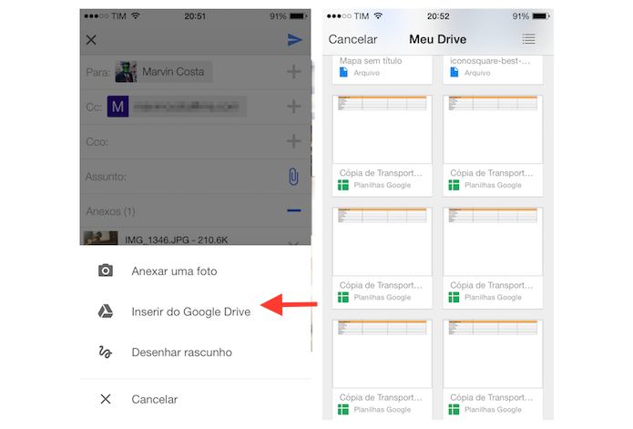 Acessando documentos no Google Drive para anexar em uma mensagem do Gmail para iPhone (Foto: Reprodu??o/Marvin Costa)