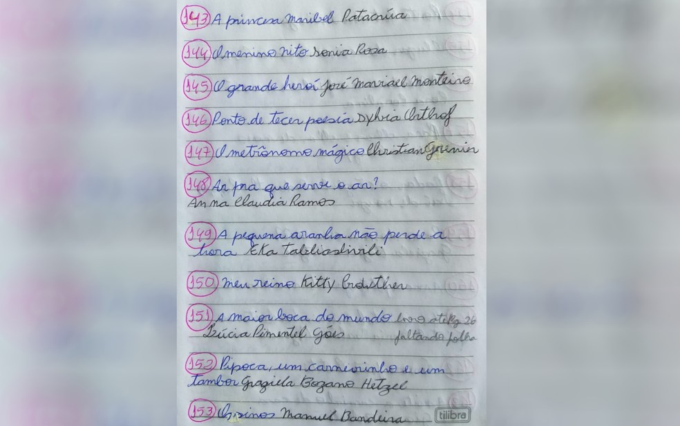 Lista de livros feita por Gustavo &mdash; Foto: Arquivo Pessoal/Ta&iacute;s Batista Santana Marques