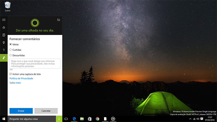 Cortana tem sessão para envio de comentários e críticas para a Microsoft (Foto: Reprodução/Elson de Souza)