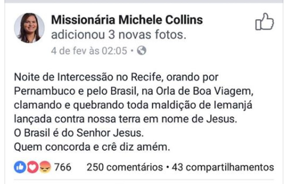 Postagem de vereadora do Recife sobre IemanjÃ¡ gerou reaÃ§Ã£o de terreiros  â€” Foto: ReproduÃ§Ã£o/Facebook