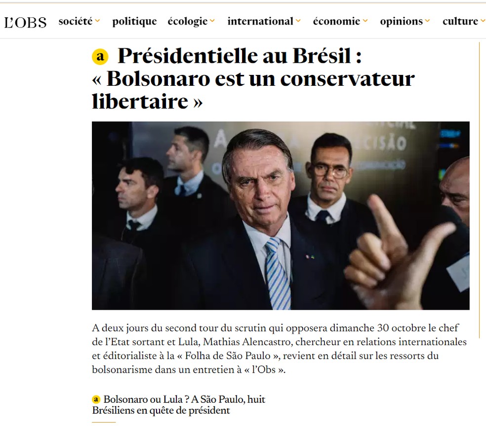 Imagem da publicação da revista francesa L'Obs sobre eleições no Brasil — Foto: Reprodução