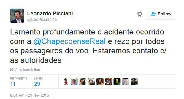 Ministro do Esporte, Leonardo Picciani, lamenta acidente com a Chapecoense (Foto: Reprodução)