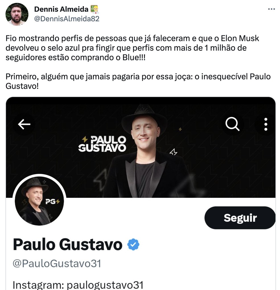 Debate na web sobre veririca&ccedil;&atilde;o no Twitter de artistas que j&aacute; morreram  &mdash; Foto: Reprodu&ccedil;&atilde;o / Twitter