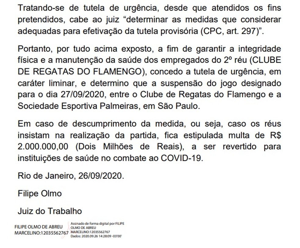 Trecho final da decisão que suspendeu a partida entre Palmeiras e Flamengo — Foto: Reprodução