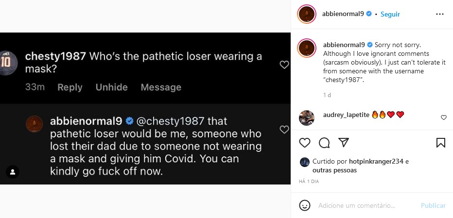 O post de Abigail Breslin denunciando a usuária que a chamou de idiota por usar máscara (Foto: Instagram)