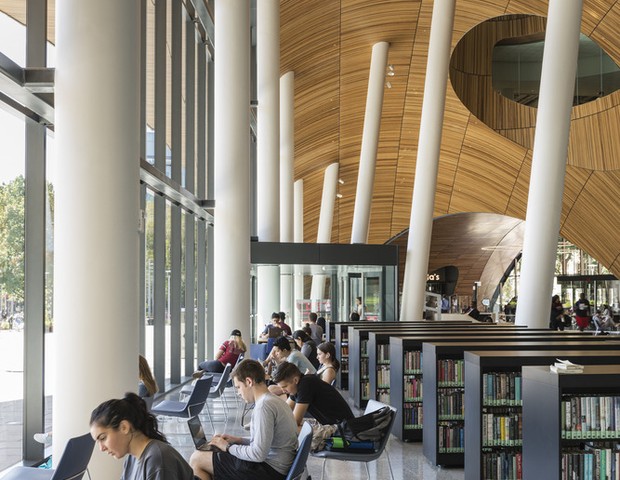 Biblioteca tem design moderno e  telhado verde nos Estados Unidos (Foto: Michael Grimm)