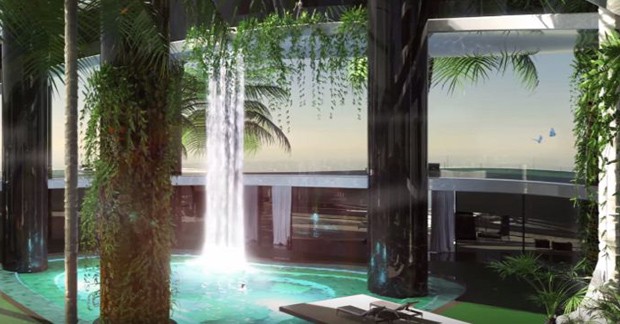 Detalhes do interior da 'ilha': piscina com cachoeira e jardim vertical (Foto: Reprodução)