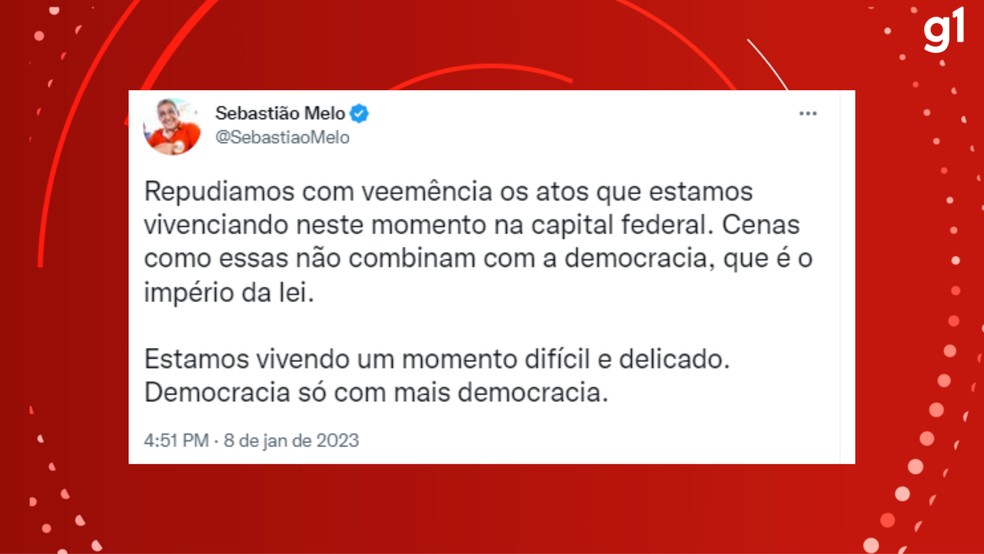 Prefeito de Porto Alegre, Sebastião Melo (MDB), comenta atos terroristas em Brasília — Foto: Reprodução/Twitter