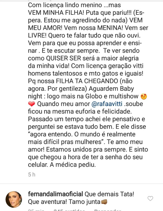 Fernanda Lima deixa comentário em post de Tatá Werneck (Foto: Reprodução Instagram)