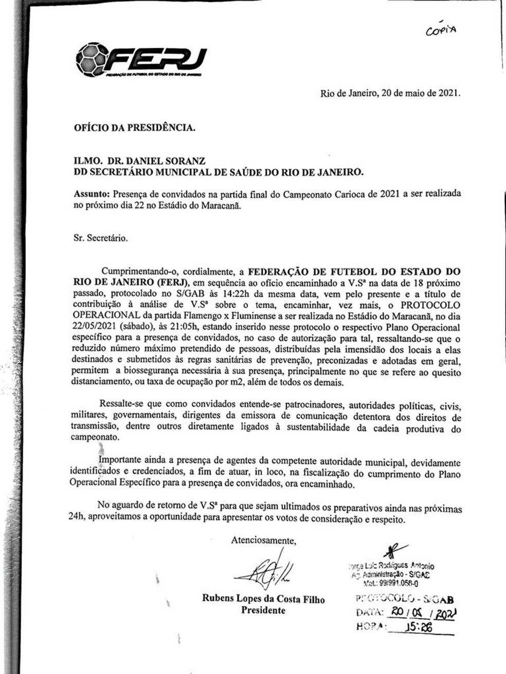 Pedido da Ferj para a presença de convidados — Foto: Reprodução