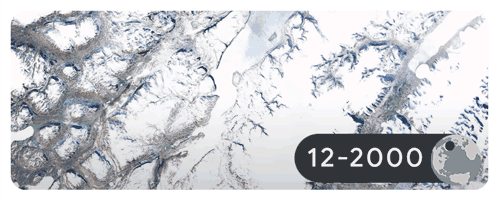 Recuo de geleira em Sermersooq, na Groenlândia, em dezembro de 2000 a 2020 (Foto: Google)