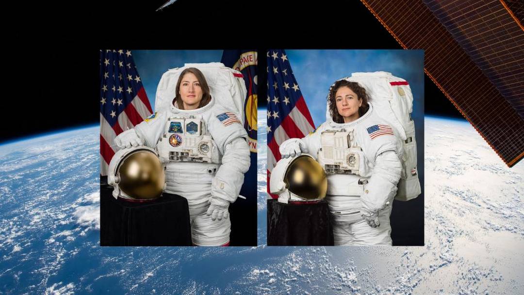 Foto oficial das duas astronautas que realizaram a primeira caminhada espacial feminina da Nasa