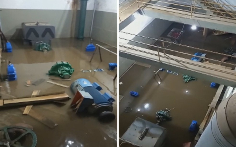 Estação de tratamento de água inundada, em Caldas Novas, Goiás — Foto: Reprodução/TV Anhanguera