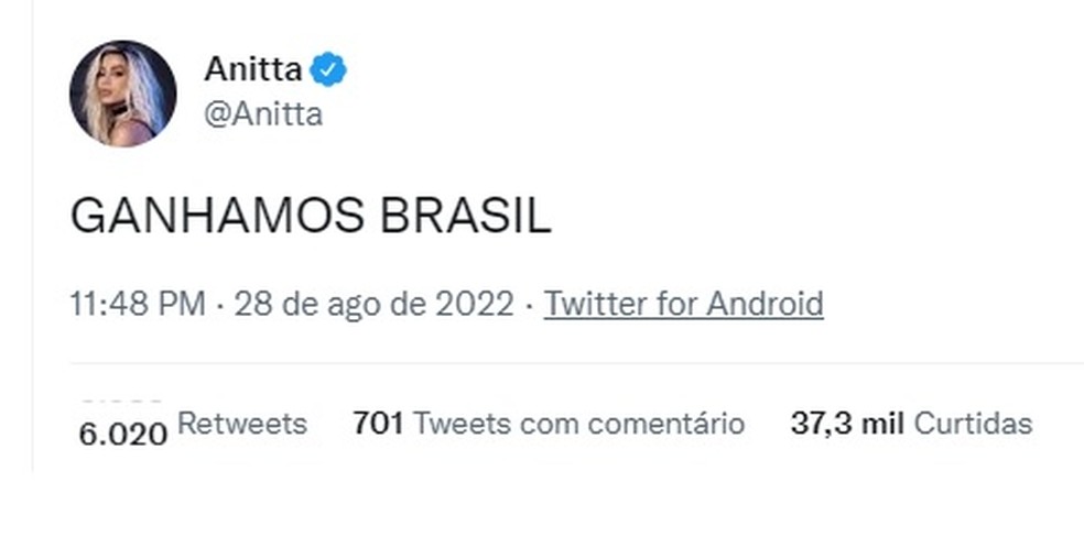 Anitta fez post comemorando vitória no VMA — Foto: Reprodução/Twitter