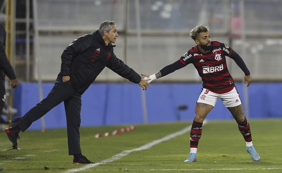Paulo Sousa comemora gol do Flamengo com Gabigol — Foto: Gilvan de Souza/Flamengo
