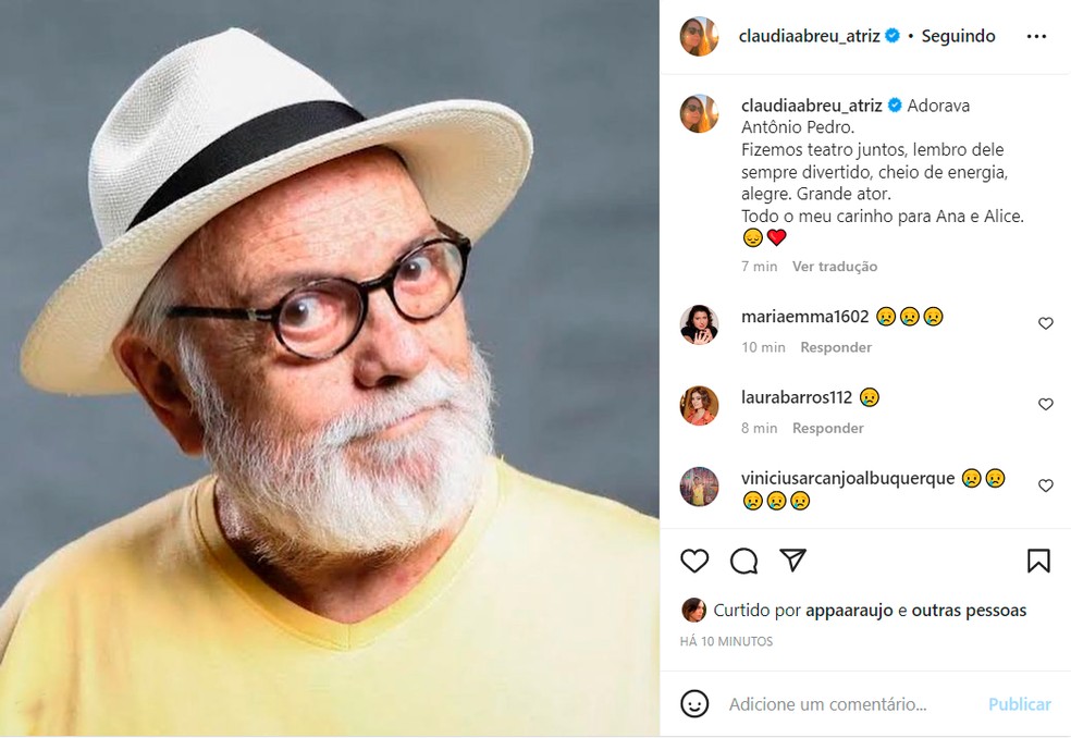 Claudia Abreu lamenta morte de Antonio Pedro — Foto: Reprodução/Instagram