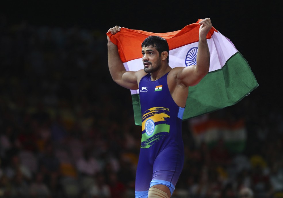 Sushil Kumar depois de vencer luta na categoria 74kg em 2018 — Foto: Manish Swarup/AP