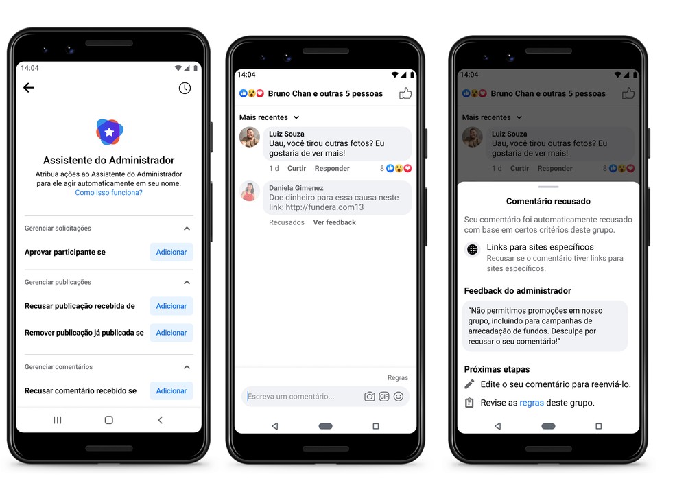 Assistente do Administrador permite definir regras em posts e comentários em grupos. — Foto: Divulgação/Facebook