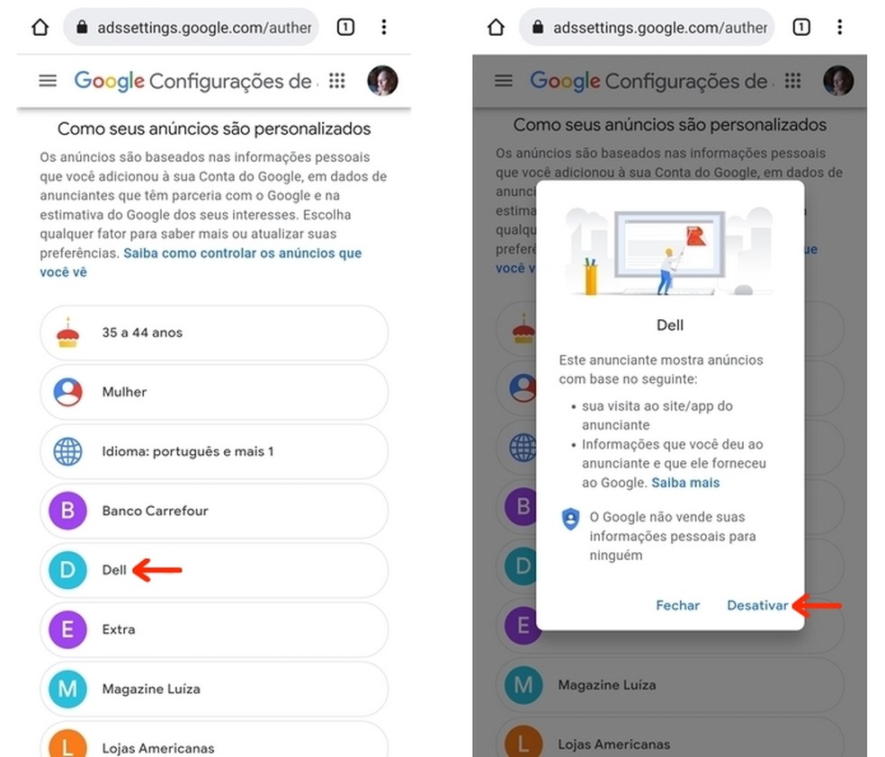 Desativação de um anúncio personalizado em específico na página Adsettings do Google — Foto: Reprodução/Raquel Freire