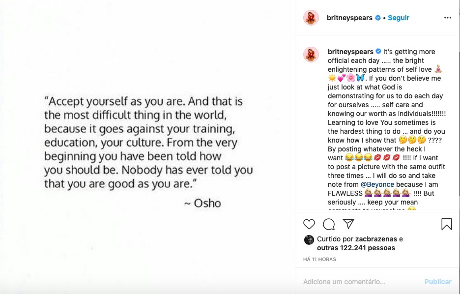 O post polêmico de Britney Spears, com referência a Beyoncé e ao guru Rajneesh Chandra Mohan Jain (1931-1990), também conhecido como Osho (Foto: Instagram)