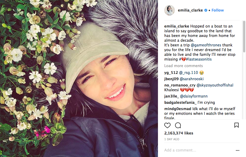A mensagem da atriz Emilia Clarke lamentando o fim de sua participação em Game of Thrones (Foto: Instagram)