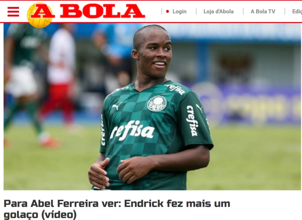 A Bola, de Portugal, repercute golao de Endrick  Foto: Reproduo/A Bola