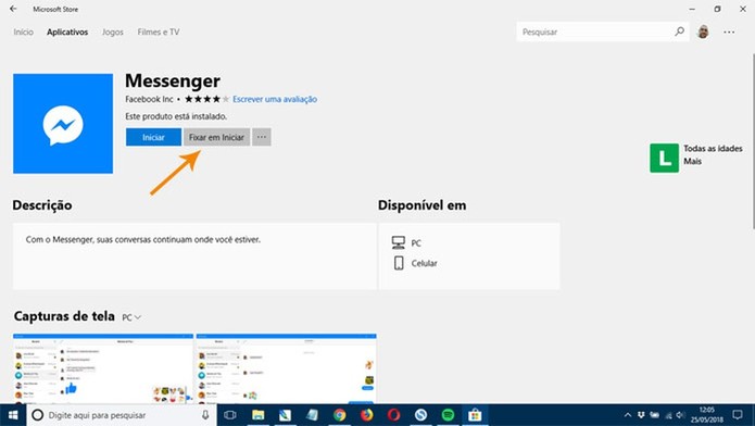 Para ajudar, fixe o Messenger no Iniciar (Foto: Reprodução/Pedro Cardoso) Para ajudar, fixe o Messenger no Iniciar (Foto: Reprodução/Pedro Cardoso)