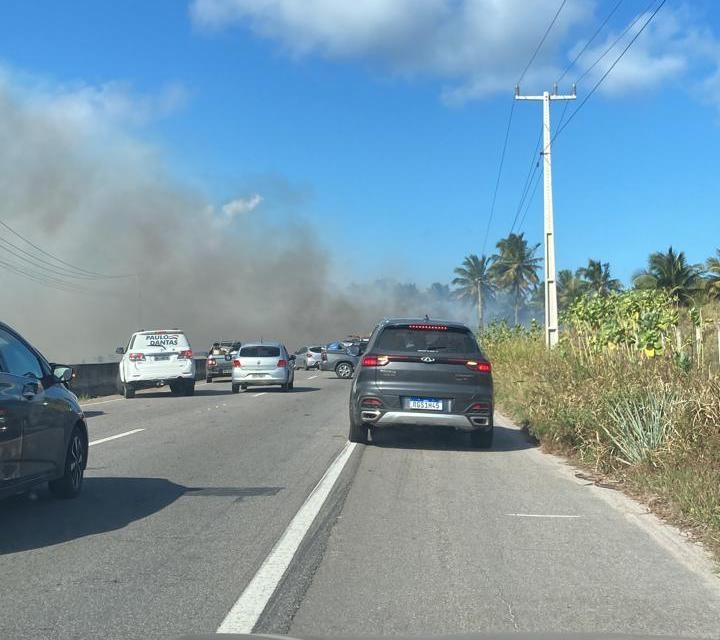 Fumaça de 3 focos de incêndio em vegetação invade rodovia no Litoral Sul de Alagoas 