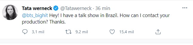 Tatá Werneck pede entrevista com BTS (Foto: Reprodução/Twitter)