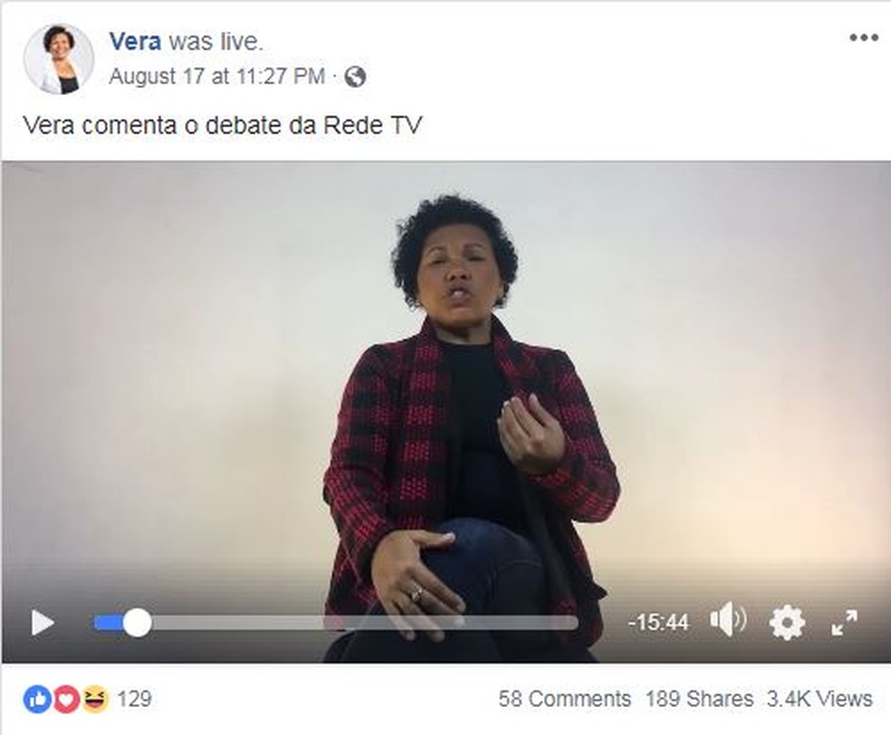 Vera Lúcia usa redes sociais para fazer transmissão ao vivo (Foto: Reprodução/Facebook)