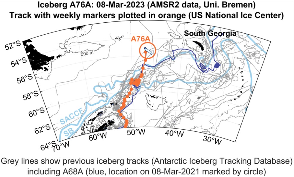 Mapa mostra localização do iceberg A76A (em laranja) em 8 de março de 2023 e do iceberg A68A em 8 de março de 2021 (azul claro), além de marcas de icebergs anteriores (cinza)  — Foto: BAS