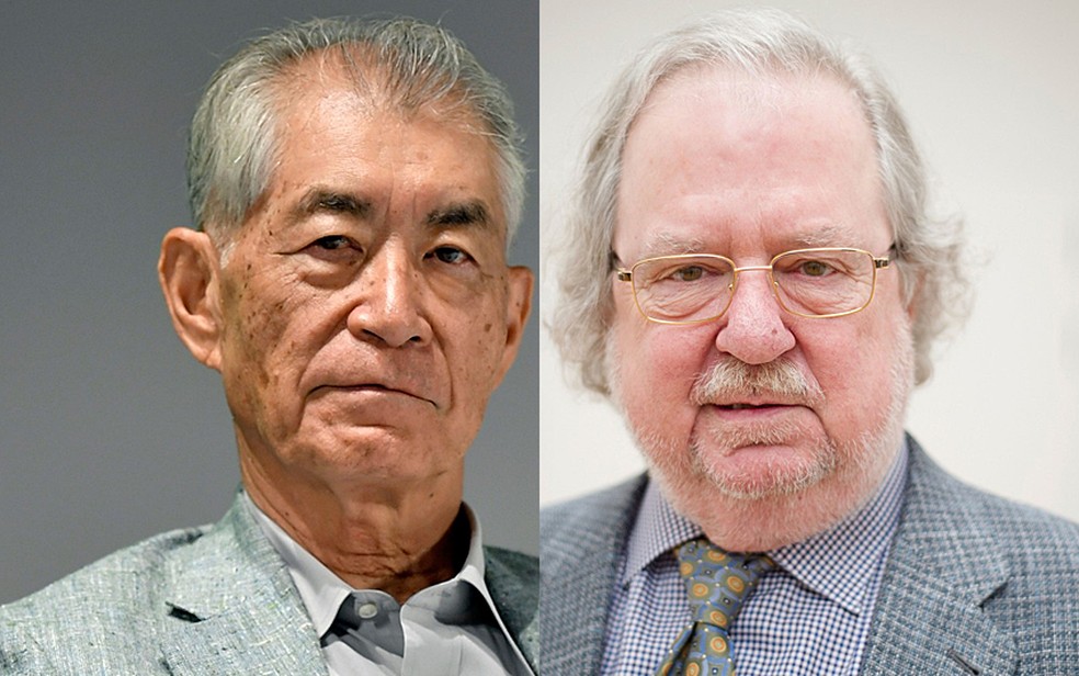 o japonês Tasuku Honjo e o americano James P. Allison, que dividem o Nobel de Medicina 2018 — Foto: Ryosuke Ozawa/Kyodo News via AP e Christoph Schmidt/dpa via AP