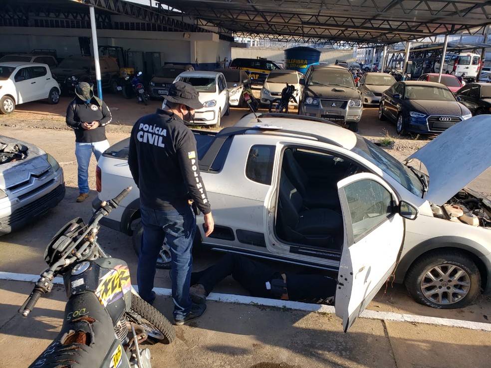 Policiais civis do PI e MA, com apoio da PRF, vistoriaram veículos em pátios conveniados do Detran — Foto: Divulgação