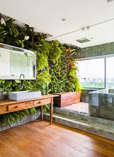 Repleto de samambaias, bromélias e lírios-da-paz, este banheiro de 15 m² leva um jovem solteiro a passar horas na banheira, que tem vista para o Jardim Europa, em São Paulo. É quase um spa tropical, como ele pediu ao escritório Suite Arquitetos