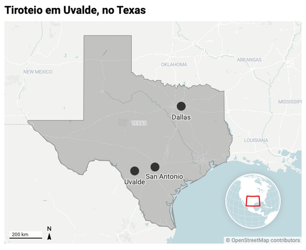 Mapa mostra localização de Uvalde, no Texas — Foto: g1 Mundo