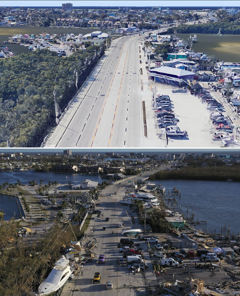 Barcos foram arrastados pelo intenso fluxo de água que veio junto com o furacão Ian perto de Fort Myers, na Flórida — Foto: Google Earth e Win McNamee/Getty Images North America/Getty Images via AFP