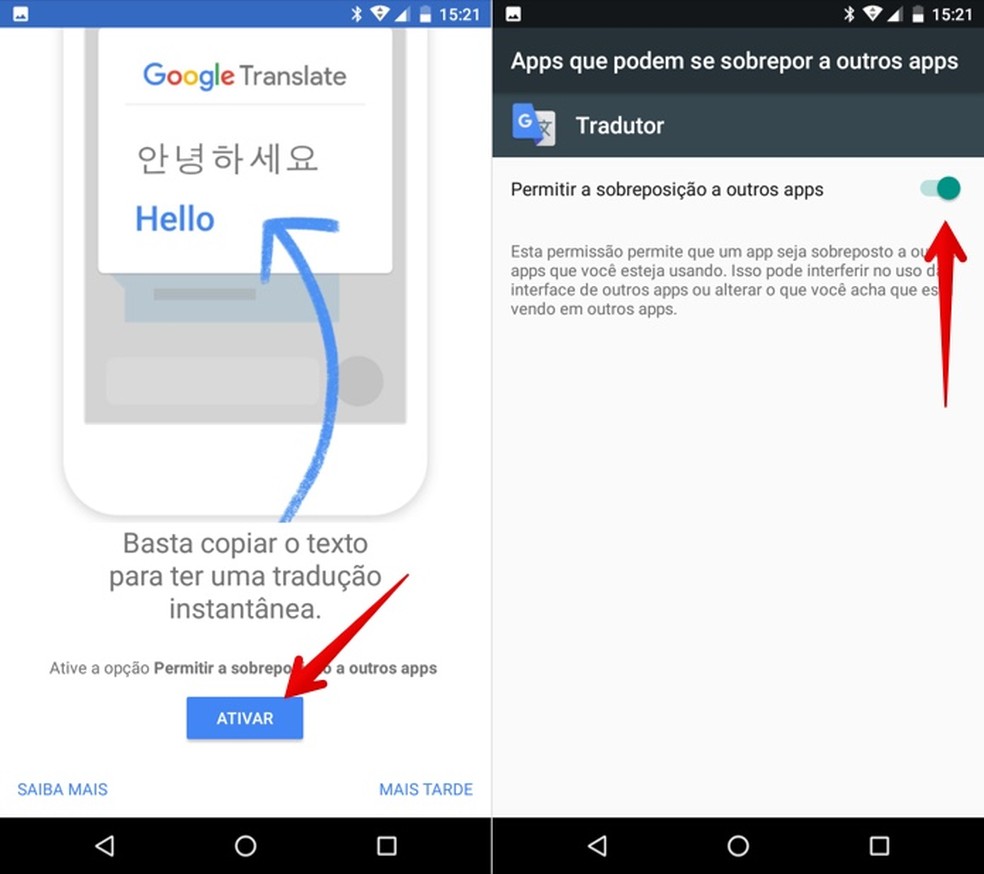 Permita que o tradutor se sobreponha a outros apps â Foto: ReproduÃ§Ã£o/Helito Beggiora