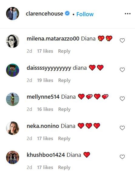 Seguidores lotam seção de comentários em perfil do Príncipe Charles e Camilla Parker nas redes com mensagens de apoio a Diana (Foto: Instagram)