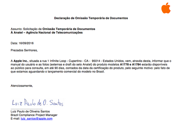 Declaração de omissão temporária dos documentos do iPhone 7 no site da Anatel (Foto: Reprodução/Luciana Maline)
