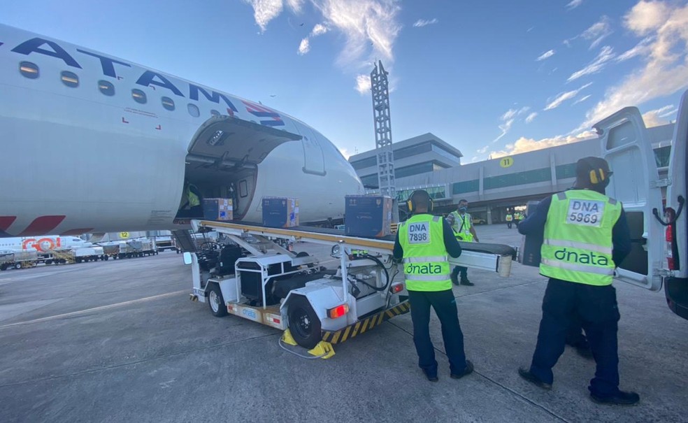 Novo lote com mais de 160 mil doses da vacina contra a Covid-19 chegou no Aeroporto de Salvador nesta quarta-feira (4) — Foto: Divulgação/Sesab