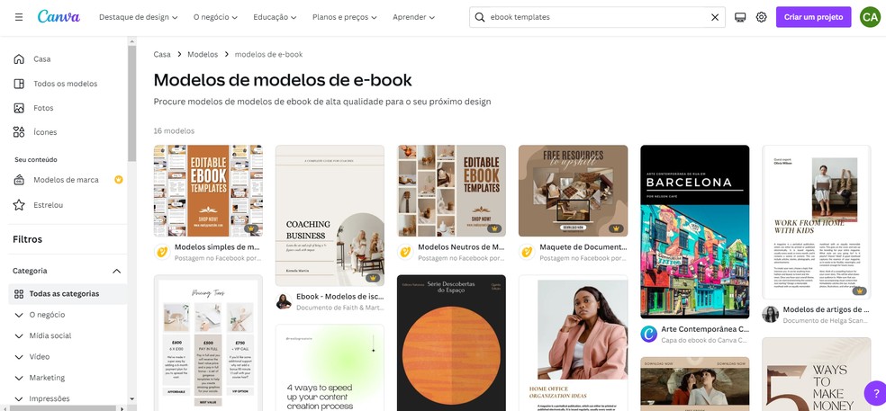 Diagrame ebooks profissionais para começar a ganhar dinheiro com o Canva — Foto: Reprodução/Caroline Silvestre