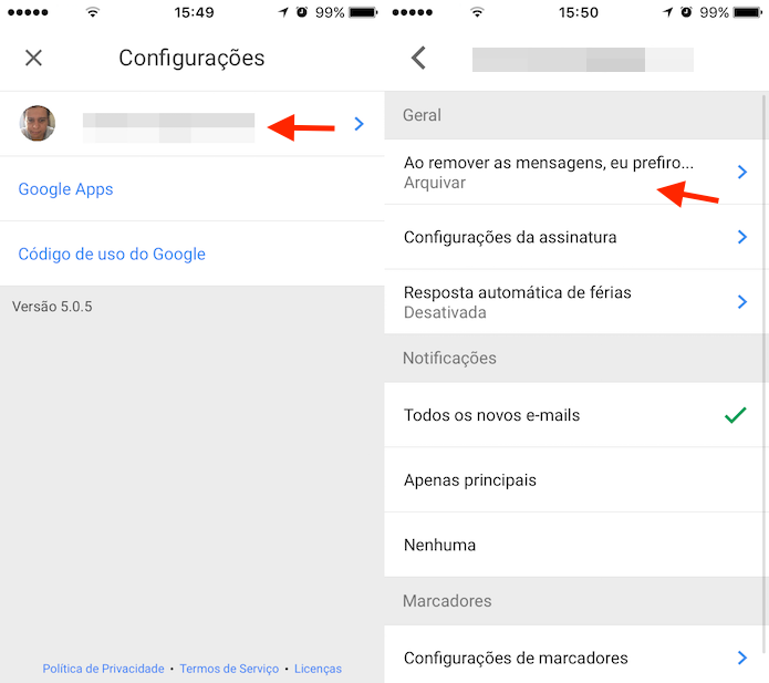 Caminho para acessar as configurações de deslizar com os dedos do Gmail para iPhone (Foto: Reprodução/Marvin Costa)