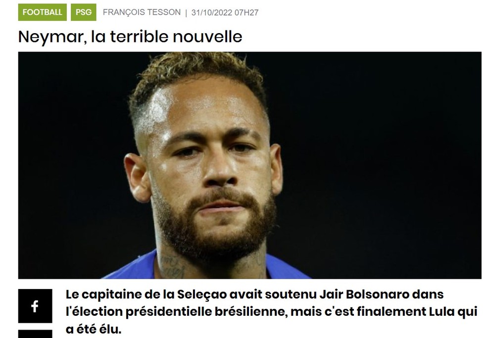 "A terrível derrota", publicou a imprensa francesa sobre apoio de Neymar a Bolsonaro — Foto: Reprodução